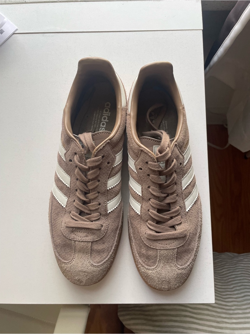 adidas Taupe Suede Sneakers with White Stripes